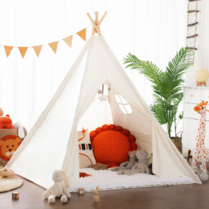 Kids Teepee Tent for 3-8 Years Kids Toddlers White Canvas Playhouse Indoor Outdoor Games