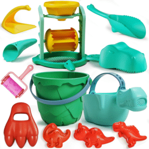 Beach Sand Toys Set for Kids, Toddlers Beach Toys Dinosaur Theme, Includes Mesh Beach Bag, Bucket, Shovels, Sifter, Rake, Dinosaurs Molds, Watering Can, Outdoor Toys for Beach