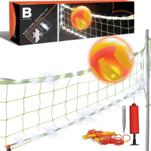 Night Glow Volleyball Set, LED Light-Up Ball & Glow-In-The-Dark Badminton Combo Net, Practice & Training Equipment, Official Portable Kit, Outdoor Backyard Beach Lawn Yard Game Play Gift