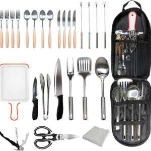 Lccxume Camping Cookware, 27Pcs Camping Utensils Set Portable Stainless Camp Kitchen Equipment Steel Camping Accessories Compact Gear for BBQ Camping Hiking Travel Water Resistant Organizer Bag